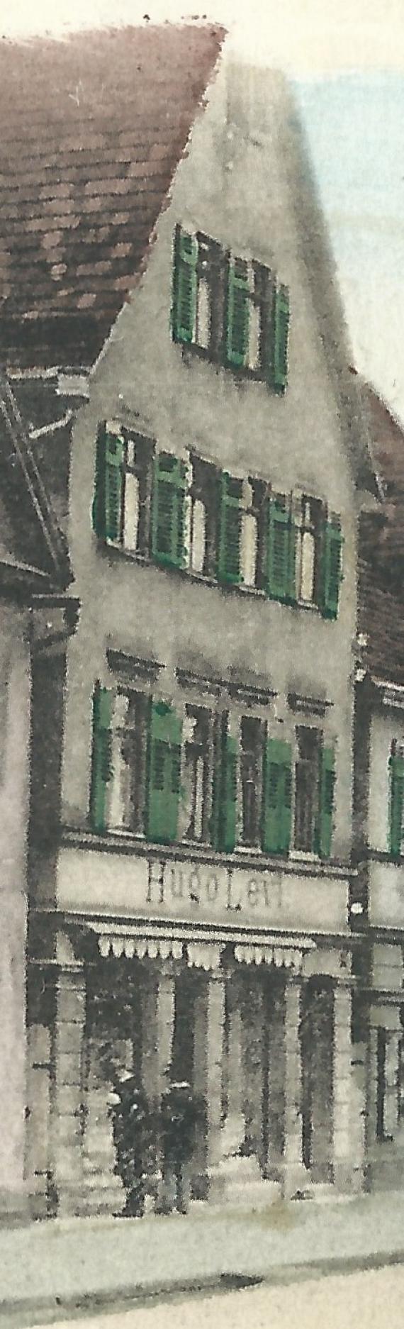 Historische Ansichtskarte "Gruss aus Göppingen" - Ausschnittvergrößerung, - Geschäft von Hugo Levi, versandt am 24. November 1899 Historical picture postcard "Gruss aus Göppingen" - detail enlargement, - store of Hugo Levi, sent on November 24, 1899