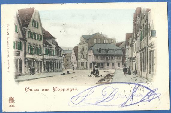 Historical picture postcard "Gruss aus Göppingen" - street view with store of Hugo Levi, mailed on November 24, 1899