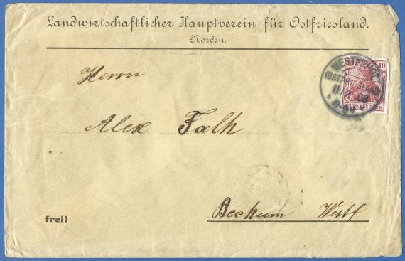 Briefumschlag vom Landwirtschaftlichen Hauptverein für Ostfriesland - adressiert an Herrn Alex Falk - versandt am 2. Februar 1908