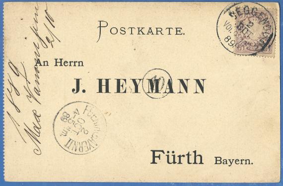 Business postcard (reply card) from J. Heymann, mailed October 2, 1889