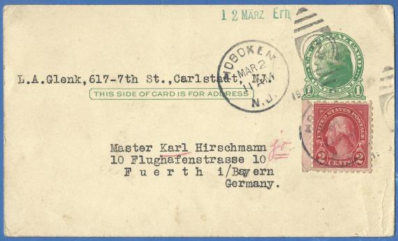 Postkarte mit privatem Inhalt an Master Karl Hirschmann, Flughafenstr. 10 in Fürth, versandt am 2. März 1928 