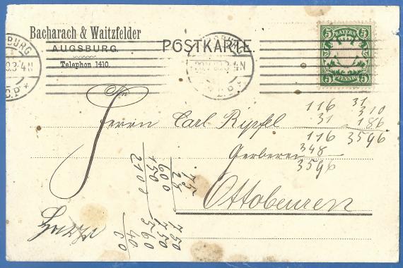 Geschäftspostkarte der Firma Bacharach & Waitzfelder, versandt am 20. Mai 1909