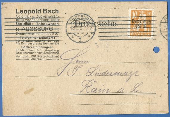 Business postcard of Colonial-und Zuckerwarengroßhandlung Leopold Bach, - sent on August 19, 1920