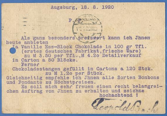 Geschäftspostkarte der Colonial-und Zuckerwarengroßhandlung Leopold Bach, - versandt am 19. August 1920 - Kartenrückseite