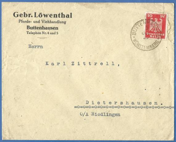 Briefumschlag der "Pferde- und Viehhandlung Gebr. Löwenthal" in Buttenhausen, -  versandt am 5. Juli 1925