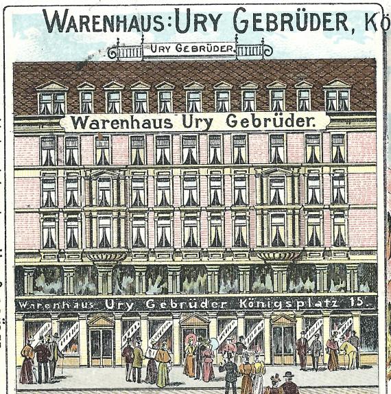 Warenhaus - Gebrüder Ury Historische Ansichtskarte " Gruss aus Leipzig " mit dem " Warenhaus Gebrüder Ury " und dem " Reichsgericht ", - versandt am 16. September 1898.
Ausschnittvergrößerung - Warenhaus Gebrüder Ury