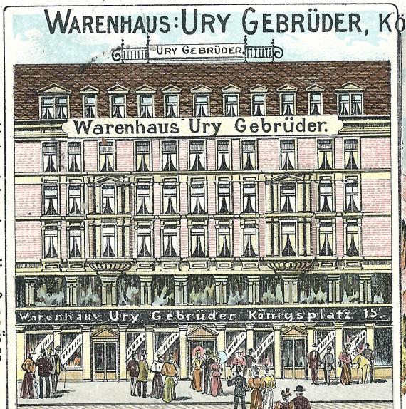 Historical picture postcard " Gruss aus Leipzig " with the " Warenhaus Gebrüder Ury " and the " Reichsgericht ", - sent on September 16, 1898.
Detail enlargement - department store Gebrüder Ury