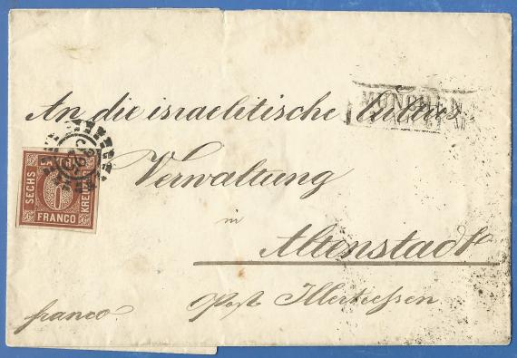 Envelope to the Israelitische Cultusverwaltung Altenstadt from around 1850 - 1867. The left margin is decorated with a brown Sechs Kreuzer stamp cancelled with an open millwheel stamp with the number 325.