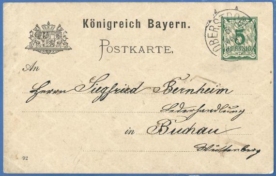 Postkarte geschäftlicher Art an Herrn Siegfried Bernheim, Lederhandlung in Buchau, - versandt am 6. März 1893 - Kartenvorderseite