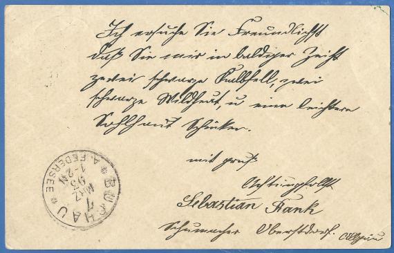 Postcard of a business nature to Mr. Siegfried Bernheim, leather shop in Buchau, - mailed March 6, 1893 - back of card