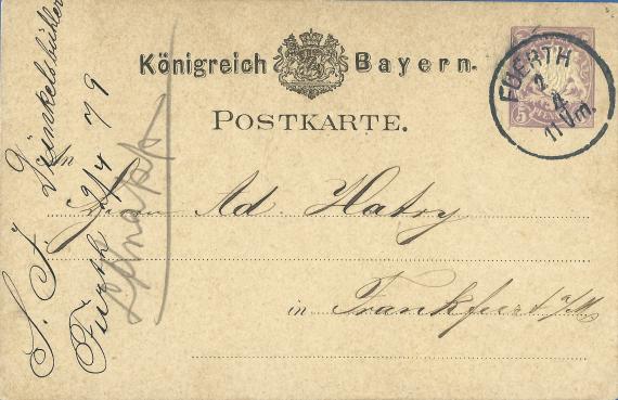 Postkarte geschäftlicher Art von S. J. Dünkelsbühler Söhne - versandt am 2. April 1879