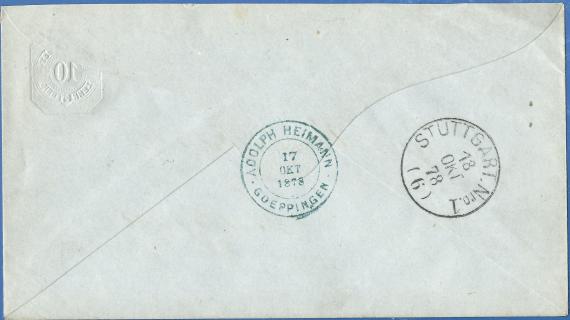 Envelope - back with sender's stamp of Adolph Heimann,mailed 18 October 1878