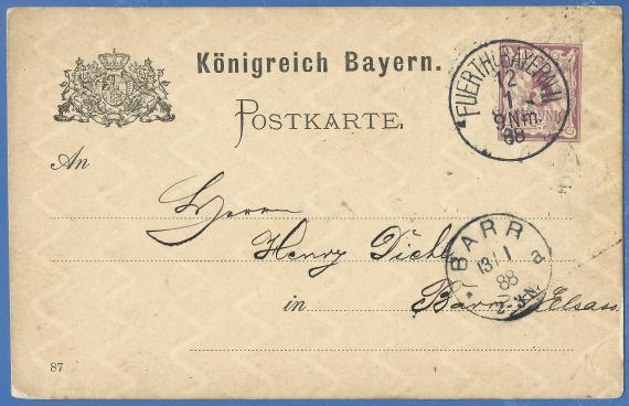 Postkarte geschäftlicher Art, versandt von „S. Schloss & Cie"  am 12. Januar 1888  -  Kartenvorderseite