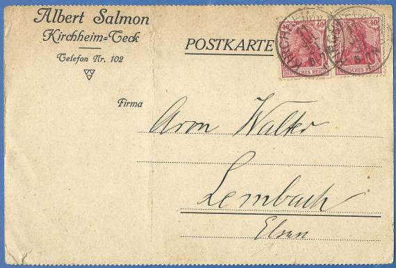 Postkarte privater Art von Albert Salmon - versandt am 11. Juli 1911 an Herrn Aron Walter in Lembach 