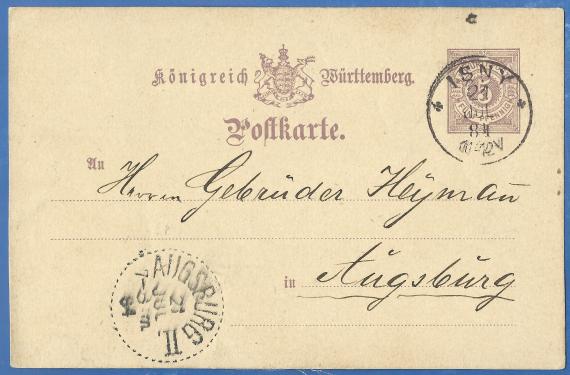 Postkarte an Herren Gebrüder Heymann, Augsburg, - versandt am 21. Juli 1884