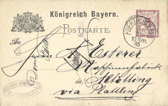 Postkarte geschäftlicher Art von Salomon Dorn, Eisen & Metallhandlung, geschrieben von K. Schloß, Blumenstraße 28 - versandt am 3. Oktober 1885