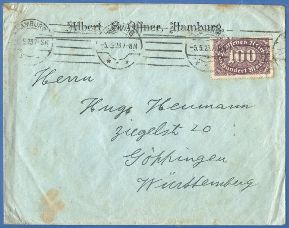 Briefumschlag, adressiert an Herrn Hugo Heumann, versandt am 5. Mai 1923