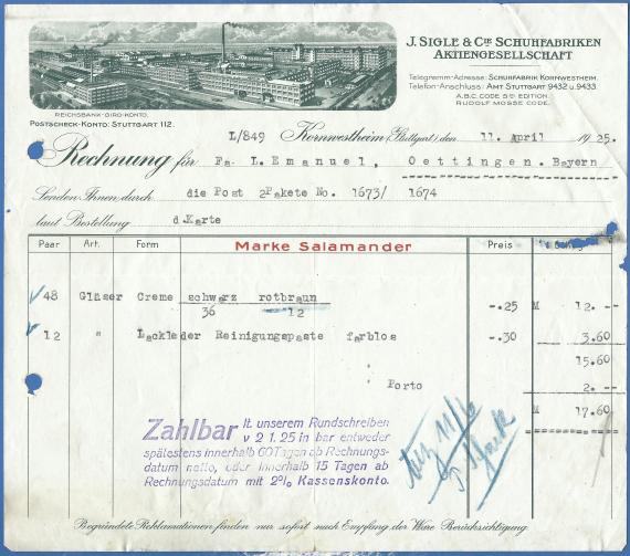 Rechnung der J. Sigle & Co. Schuhfabriken an Fa. Louis Emanuel, Oettingen. 