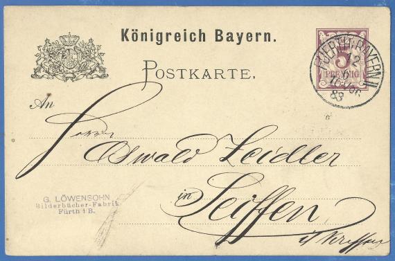 Postkarte geschäftlicher Art von der „Bilderbücher - Fabrik  G. Löwensohn", versandt am 12. Juni 1883