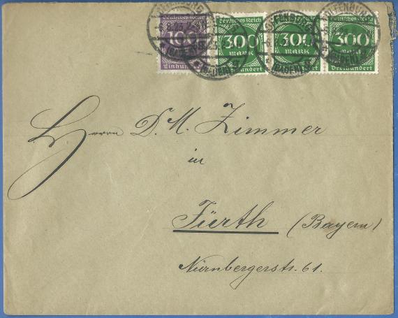 Envelope addressed to Mr. D. M. Zimmer, Nürnbergerstrasse 61, mailed August 6, 1923