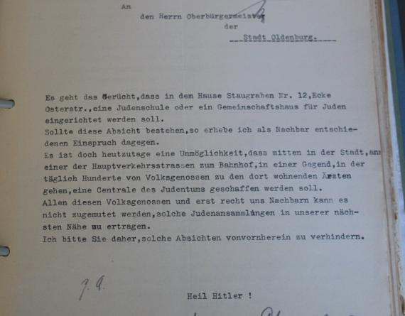 Beschwerdebrief von 1938. Ein Nachbar beschwert sich über die jüdische Schule.