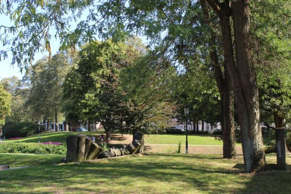 Parkgelände mit einer Wiese und Bäumen.