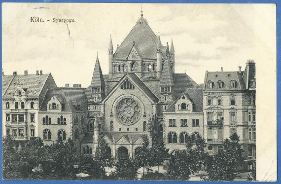 Alte Ansichtskarte aus der Zeit um 1908 mit der Kölner Synagoge, - versandt nach Hörde am 4. März 1908