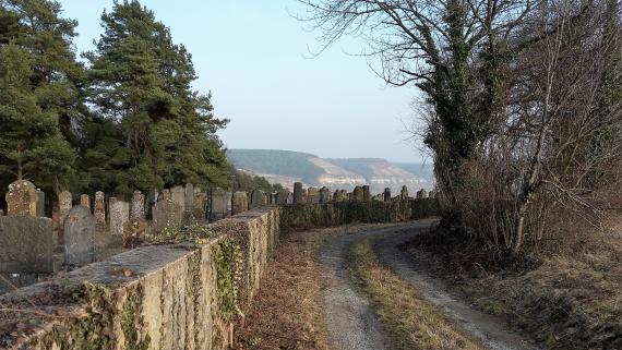 Friedhof Laudenbach Cemetery Laudenbach, cemetery wall, road, far view into the Main valley.