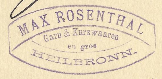 Firmenstempel "Max Rosenthal - Garn & Kurzwaaren en gros" auf Postkarte aus dem Jahr 1886