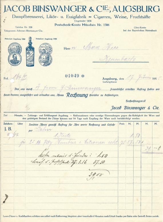 Invoice of the " Dampfbrennerei, Likör- und Essigfabrik Jacob Binswanger & Cie " in Augsburg, - issued on June 17, 1915