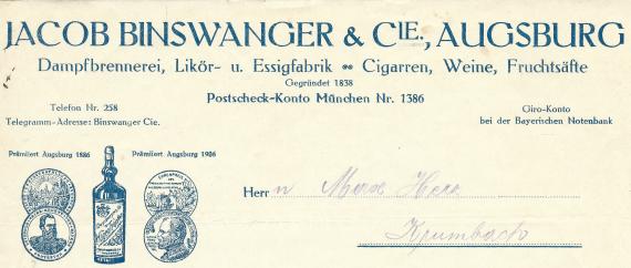 Invoice header of the steam distillery, liqueur and vinegar factory Jacob Binswanger & Cie.