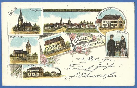 Lithograph multi-picture picture postcard with pictures of the " Protestant Church ", the " Catholic Church ", the " Railway Station ", a " View of the village ", a " Group of people in Rieser costume ", the " Residential and business house of the Oberdorfer brothers " and the " Synagogue " from 1902