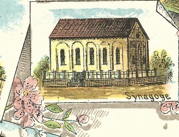 Artistically designed picture of the Pflaumloch synagogue. The tower with clock on the roof, typical for the Pflaumloch synagogue, is missing.