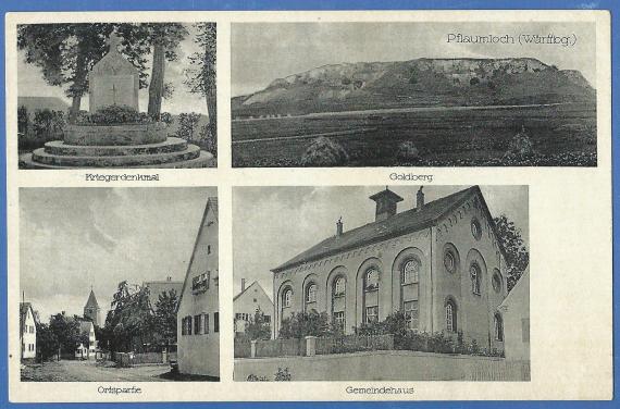 Mehrbild-Ansichtskarte von Pflaumloch aus dem Jahr 1940 mit Ansichten vom " Kriegerdenkmal ",  dem " Goldberg ", einer " Ortspartie " 
und der " Ehemaligen Synagoge " - auf der Karte  " Gemeindehaus "