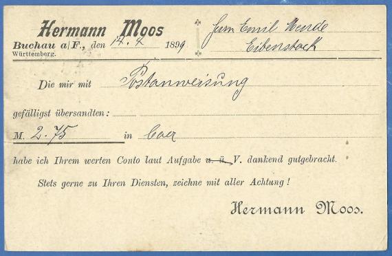 Geschäftspostkarte  der Fa. Hermann Moos, - versandt am 14. 4.1899 - Kartenrückseite