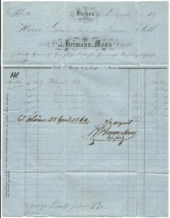 Brief - Rechnung von Hermann Moos, - versandt am 18.12.1859  - Brief - Innenseite