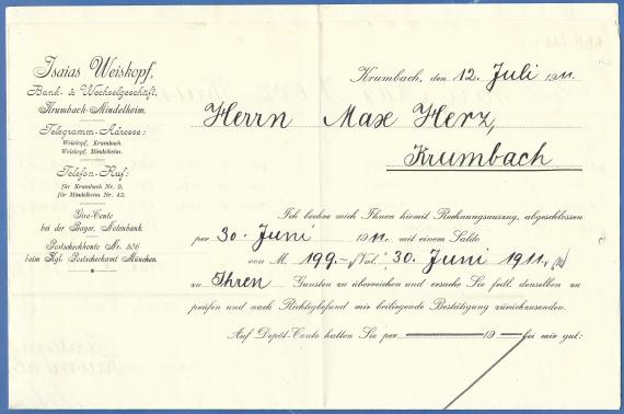 Letterhead Bank & Wechselgeschäft Isaias Weiskopf, Krumbach-Mindelheim, described on July 12, 1911