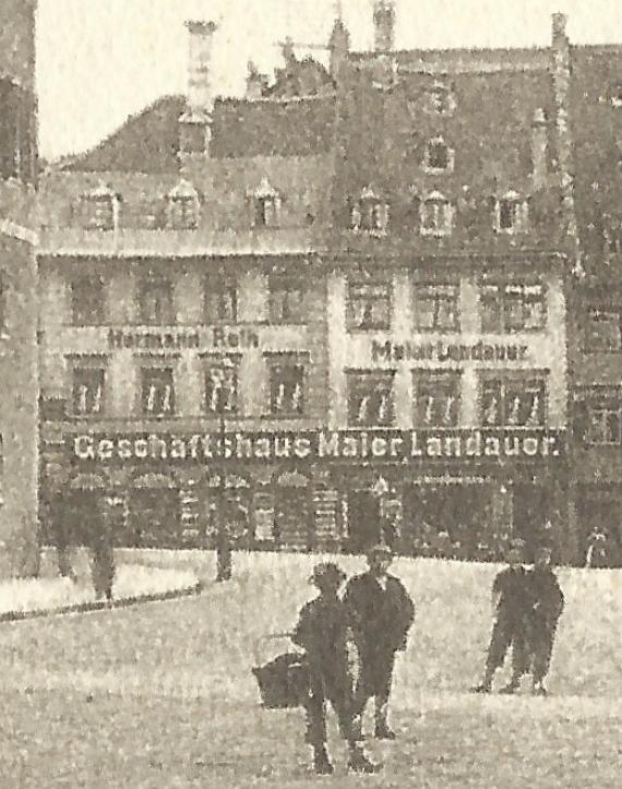 Ansichtskarte Ravensburg - Am Platz - Geschäftshaus Maier Landauer Historical picture postcard of Ravensburg - Am Platz - with the business house Maier Landauer - from the time around 1900-1905 - detail enlargement
