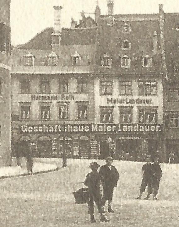 Historical picture postcard of Ravensburg - Am Platz - with the business house Maier Landauer - from the time around 1900-1905 - detail enlargement