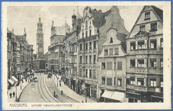 Die Untere Maximalianstraße mit der Schirm-Manufaktur, dem Schirm- und Taschen-Geschäft Jakob Oberdorfer The Untere Maximalianstraße with the umbrella manufactory, the umbrella and bag store Jakob Oberdorfer