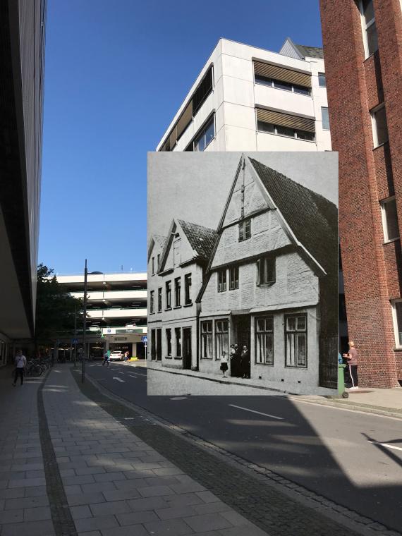 Picture collage of the former and present view of the synagogue in Mühlenstraße