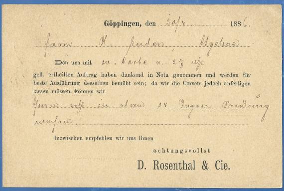 Geschäftspostkarte der Firma „D. Rosenthal & Cie", versandt am 30. April 1886 - Kartenrückseite