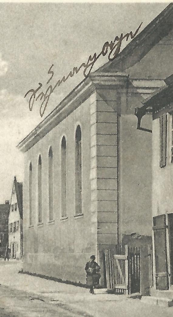 Old picture postcard of Wallerstein - main street with synagogue around 1928 - detail enlargement synagogue