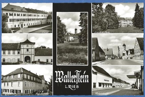 Mehrbild-Ansichtskarte von Wallerstein um 1960, - darauf eine Fotografie mit der inzwischen zum Kino umgebauten Synagoge