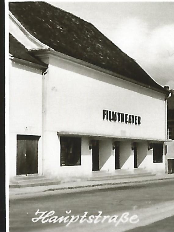 Detail enlargement of a photograph on a picture postcard with the former synagogue converted into a movie theater - cinema at the end of the 50s at that time.