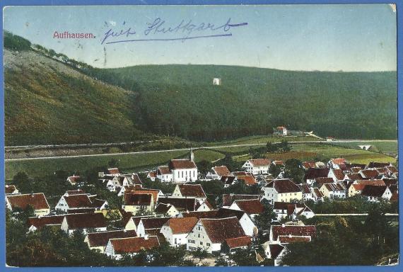 Alte Ansichtskarte von Aufhausen mit einem Blick auf den Ort mit Synagoge, aus der Zeit um 1913