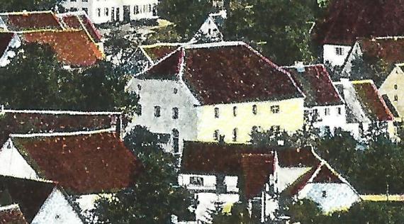 Alte Ansichtskarte von Aufhausen mit einem Blick auf den Ort mit Synagoge, aus der Zeit um 1913, - Ausschnittvergrößerung Synagoge