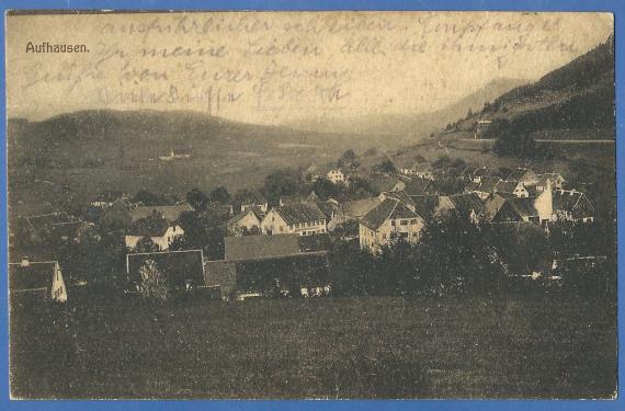 Alte Ansichtskarte von Aufhausen - Teilansicht von Aufhausen mit Synagoge um 1925, - versandt am 17. August 1928