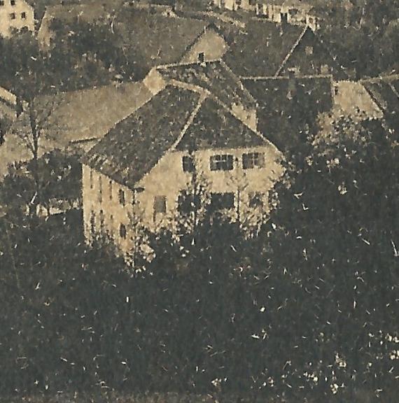 Alte Ansichtskarte von Aufhausen - Teilansicht von Aufhausen mit Synagoge um 1925, - versandt am 17. August 1928 - Ausschnittvergrößerung Synagoge  von Nord-Westen gesehen