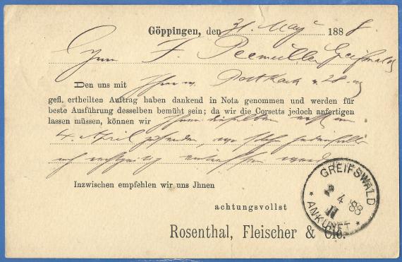 Geschäftspostkarte der Korsettfabrik Rosenthal, Fleischer & Co., versandt am 31. März 1888  - Kartenrückseite